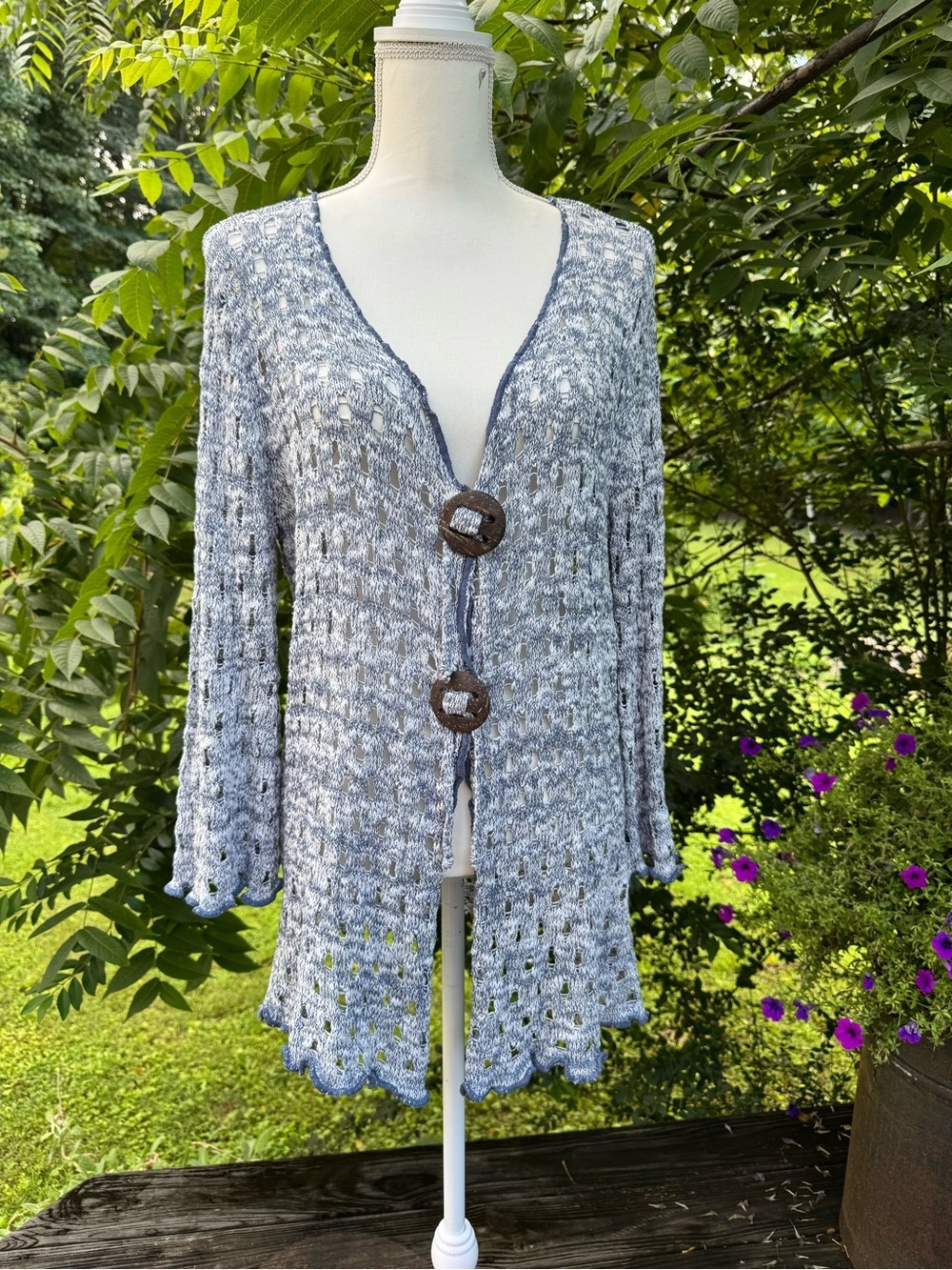 Chadwicks of Boston XL Blue White Open Knit Cardigan Sweater Coastal Boho